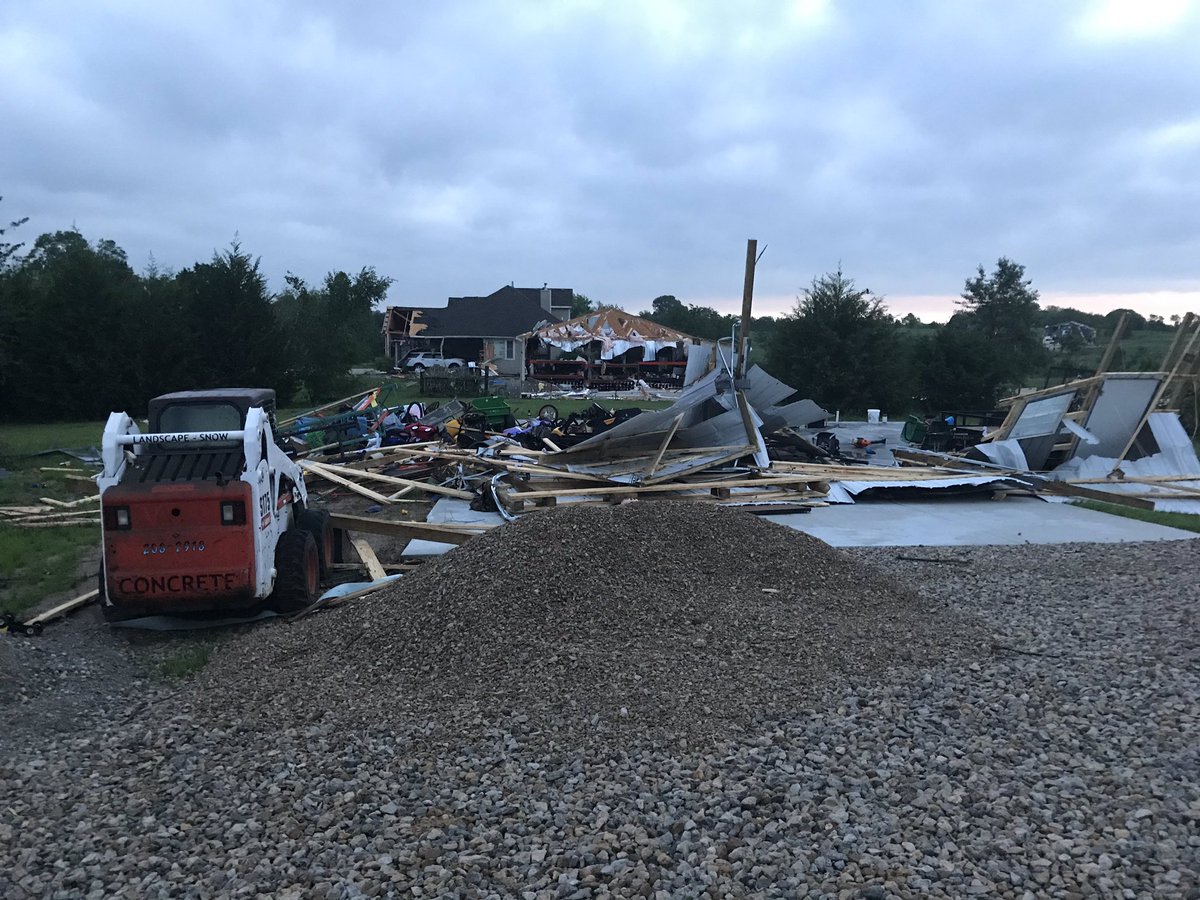 From one house to the next, the tornado damage in Linwood Kansas is incredible. Sheds wiped out, roofs missing, gutters wrapped around trees