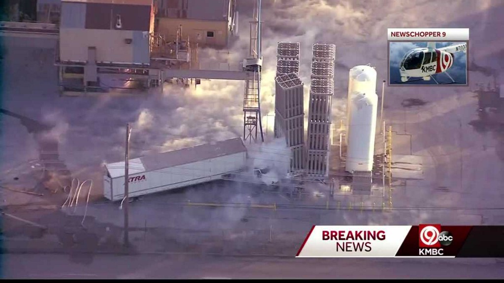 A tractor-trailer crashed into an industrial liquid oxygen tower Wednesday afternoon in Kansas City, Kansas.