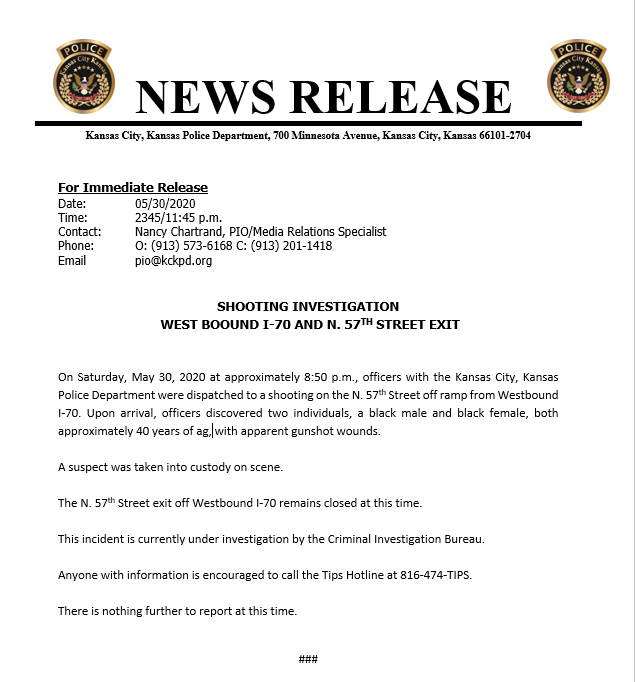 Initial details the double-shooting earlier this evening on the N. 57st Street exit off I-70 Westbound