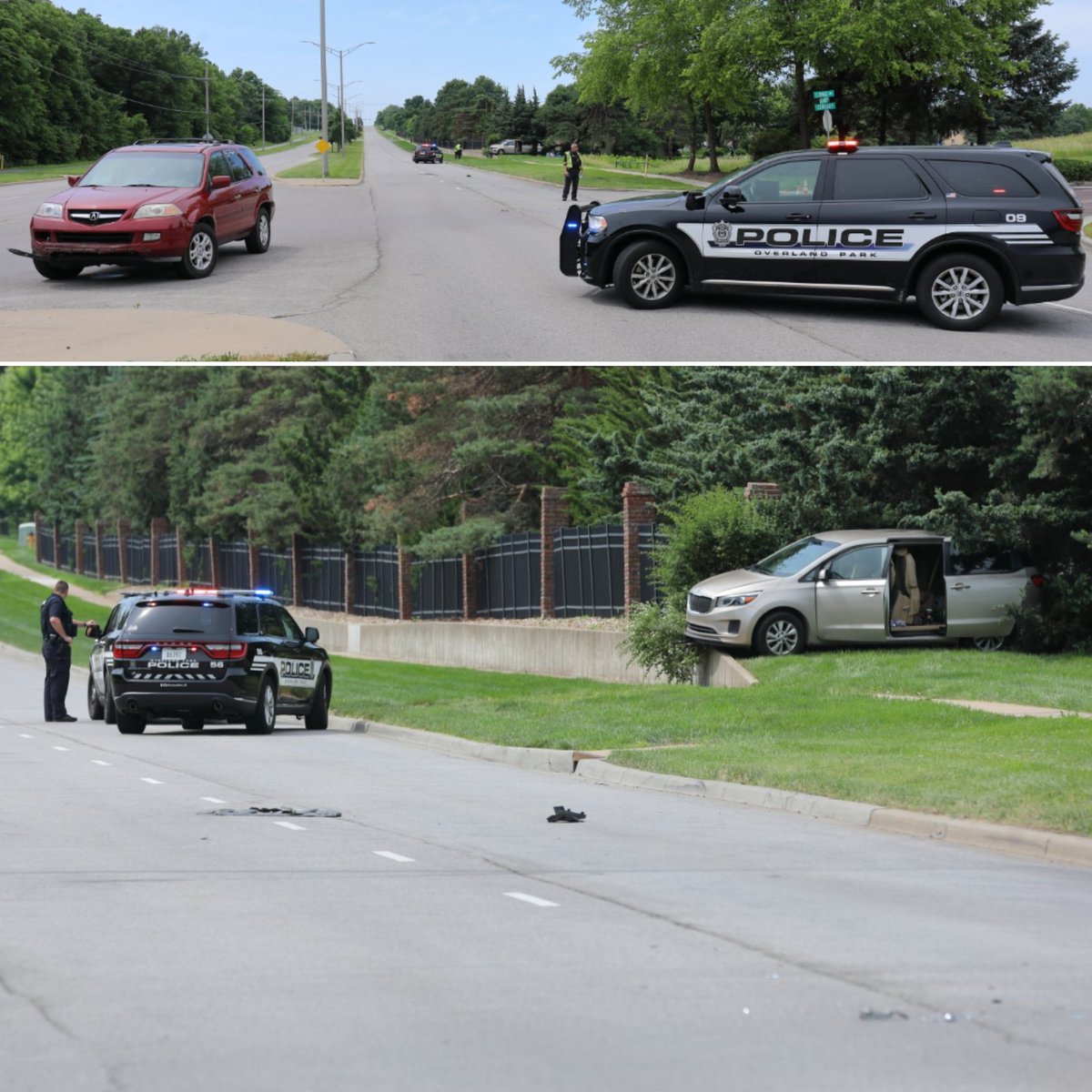 Here's a another look at the scene.  The red SUV was reportedly turning left (north) onto Quivira and hit the southbound van.  The van's driver lost control as the van left the road, hitting pedestrian.  Med-Act transported the pedestrian to an area hospital where he died